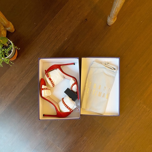 New STUART WEITZMAN Whatastud Nudistsong Suede Heels Red Heels - Picture 2 of 13